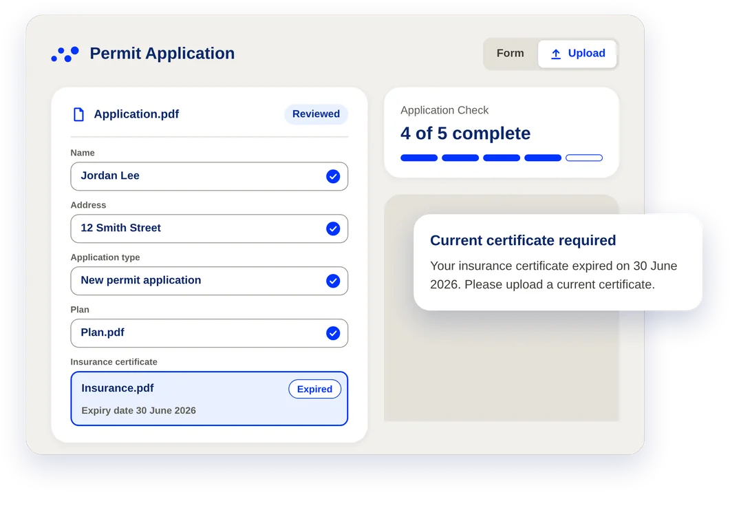An applicant's view of an elades form. Fields are ticked as complete and elades asks for a current insurance certificate.