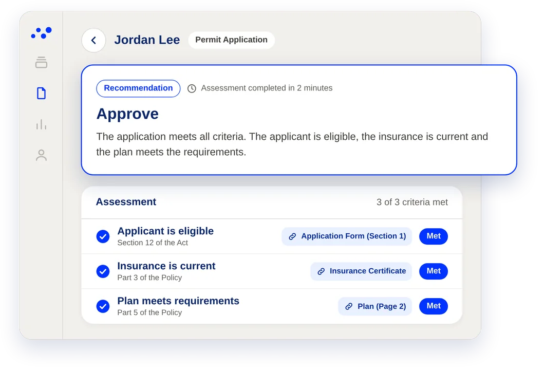 An elades assessment screen. Three criteria are met and elades recommends approval with reasons linked to the application.