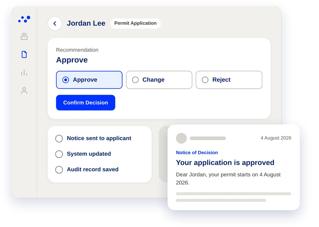 An elades decision screen. The officer confirms the recommendation and elades prepares the notice, updates the system and saves the audit record.